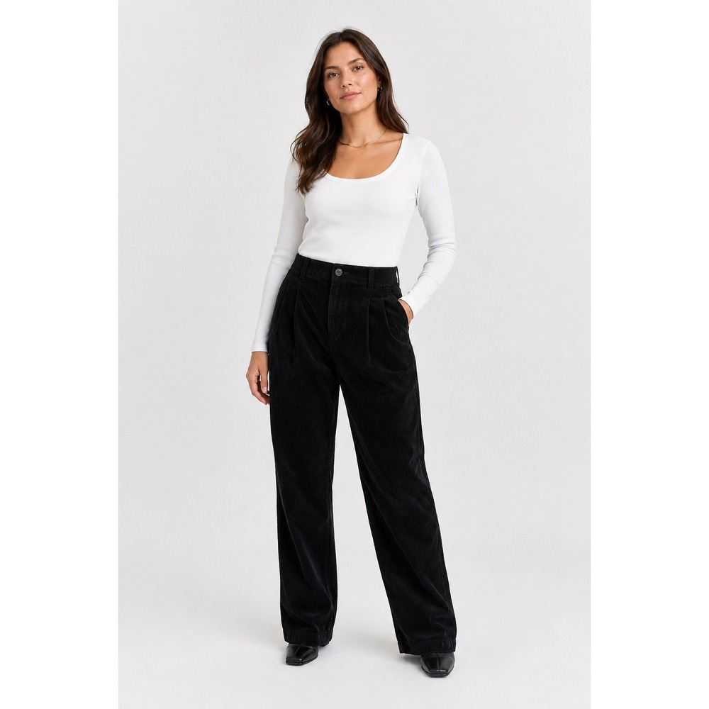 H&M Black Corduroy Pants Women's Size 16 Pleated Straight Leg 34x30 High Rise